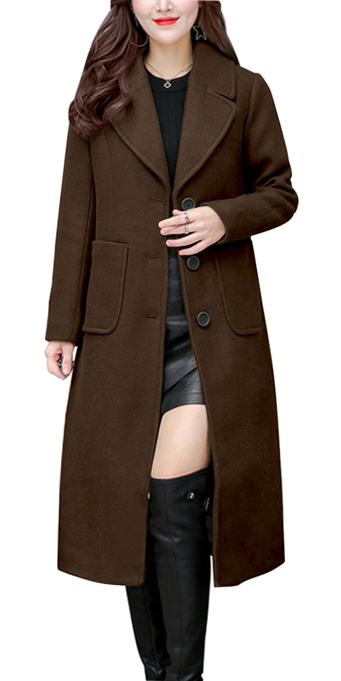chouyatou Women's Big Notch Lapel Single Breasted Mid-Long Wool Blend Coat-41