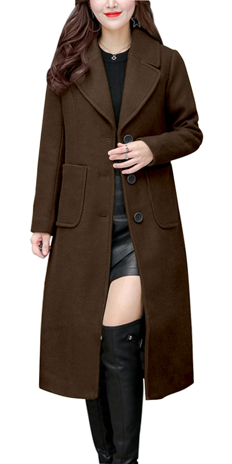 chouyatou Women's Big Notch Lapel Single Breasted Mid-Long Wool Blend Coat-49