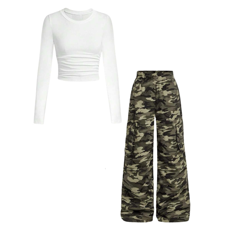 Azmxynol Girls Clothes 2 Piece Outfit Ribbed T-Shirt Top + Cargo Pants, Girls Fall Clothing Set, Sizes 5-16 Years