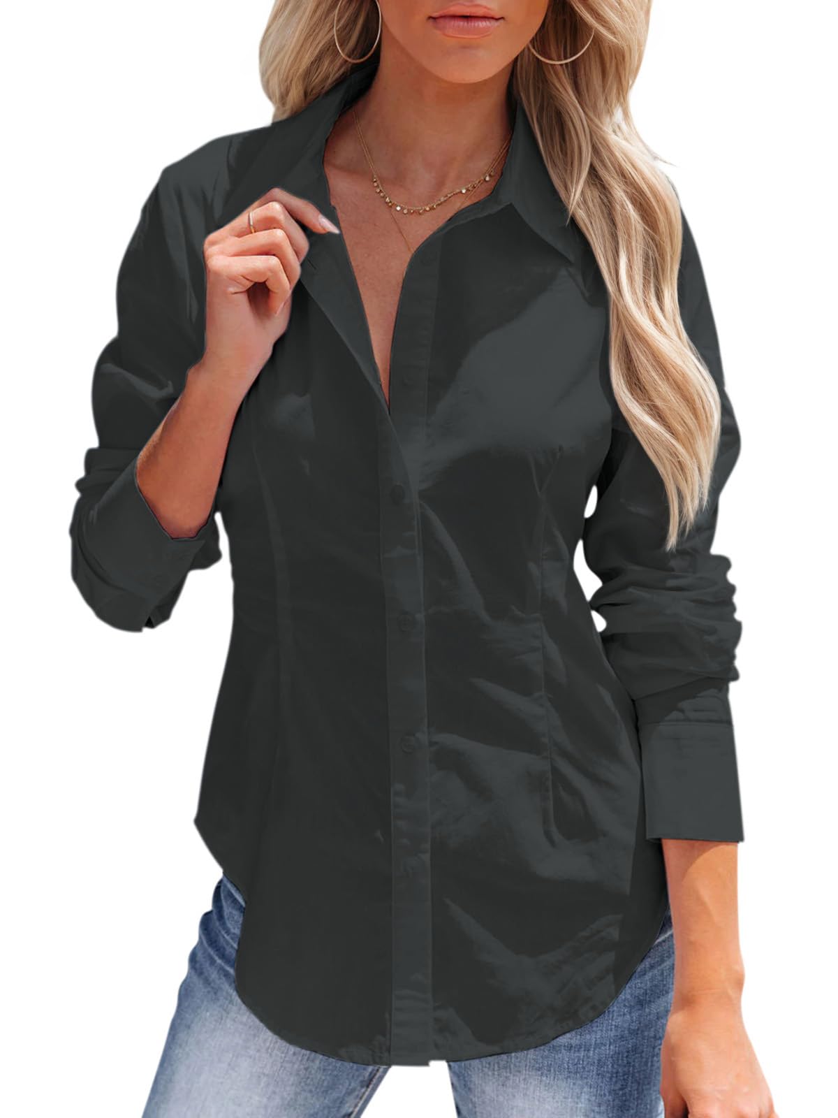 siliteelon Women's Button Down Shirts Long Sleeve Dress Shirts Wrinkle Free Collared Work Office Solid Blouses Corset Tops-70