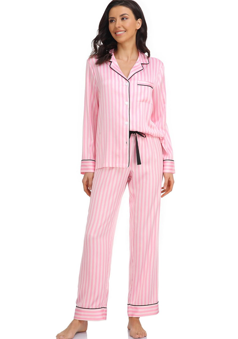 Women's Satin Pajama Set Long Sleeve Button Down Sleepwear 2-Piece Silky Pj Set-34