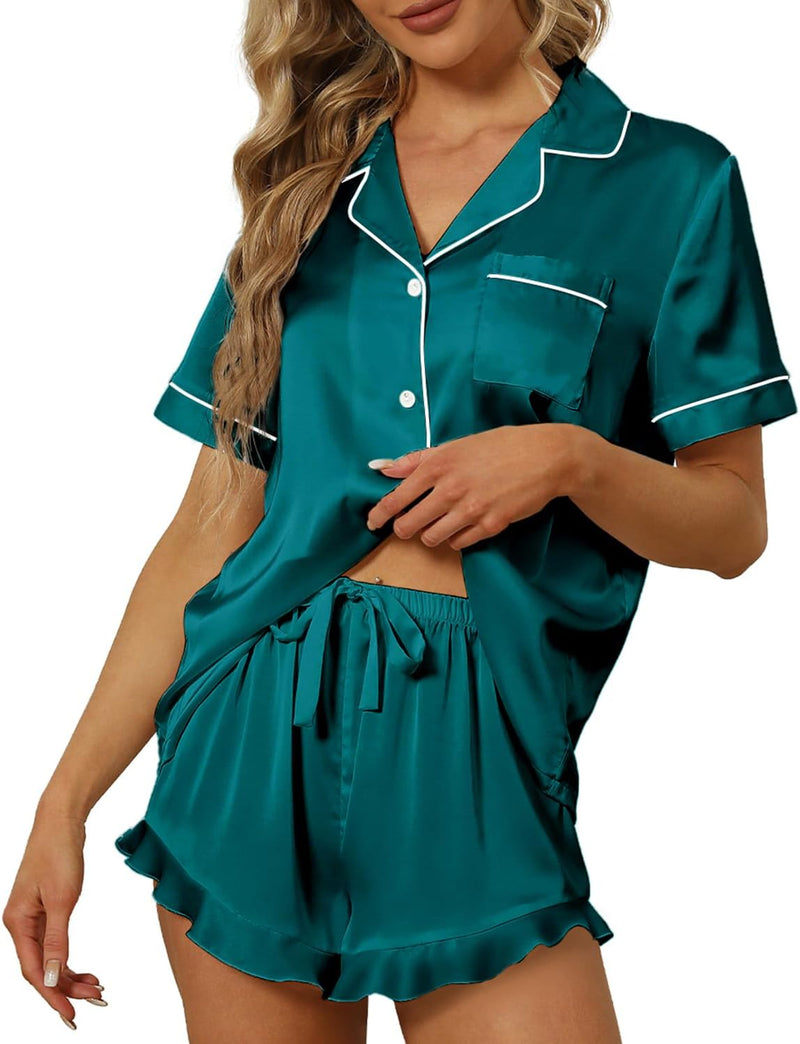 SAPJON Satin Silk Pajamas for Women 2Pcs Ruffle Notch Collar Sleepwear Button Down Short Sleeve Shorts Pjs Set Loungewear-37