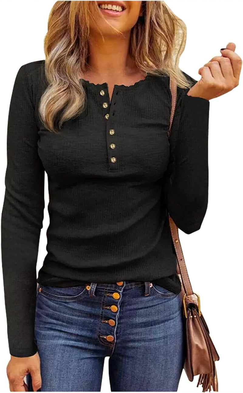 Long Sleeve Shirts for Women Henley Button Ribbed Knit Slim Fitted Tops Ladies Comfrt Trendy Undershir Clothes Tee Shirt-21