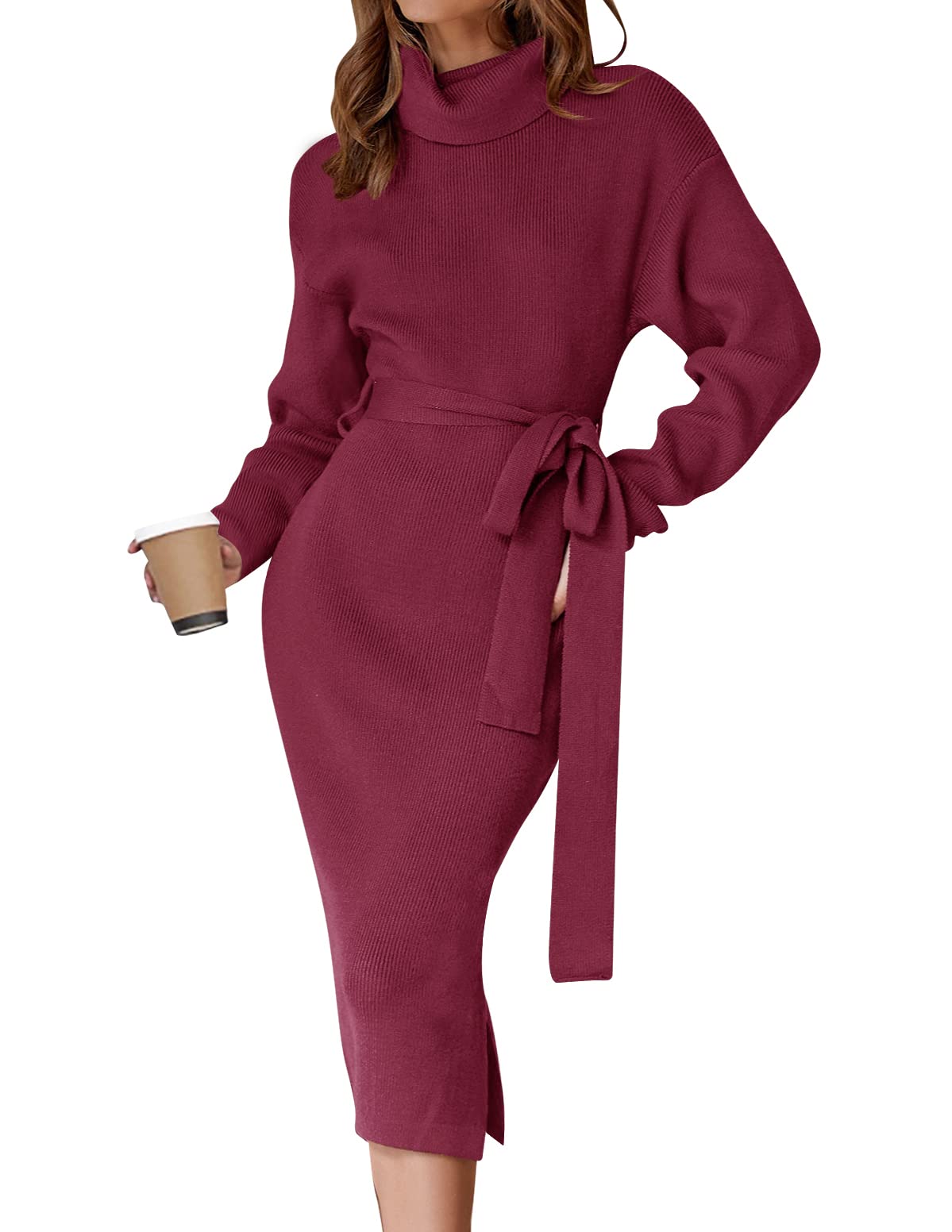 ZESICA Women's Turtleneck Sweater Midi Dress Long Sleeve Ribbed Knit Bodycon Slit Dress with Belt-37