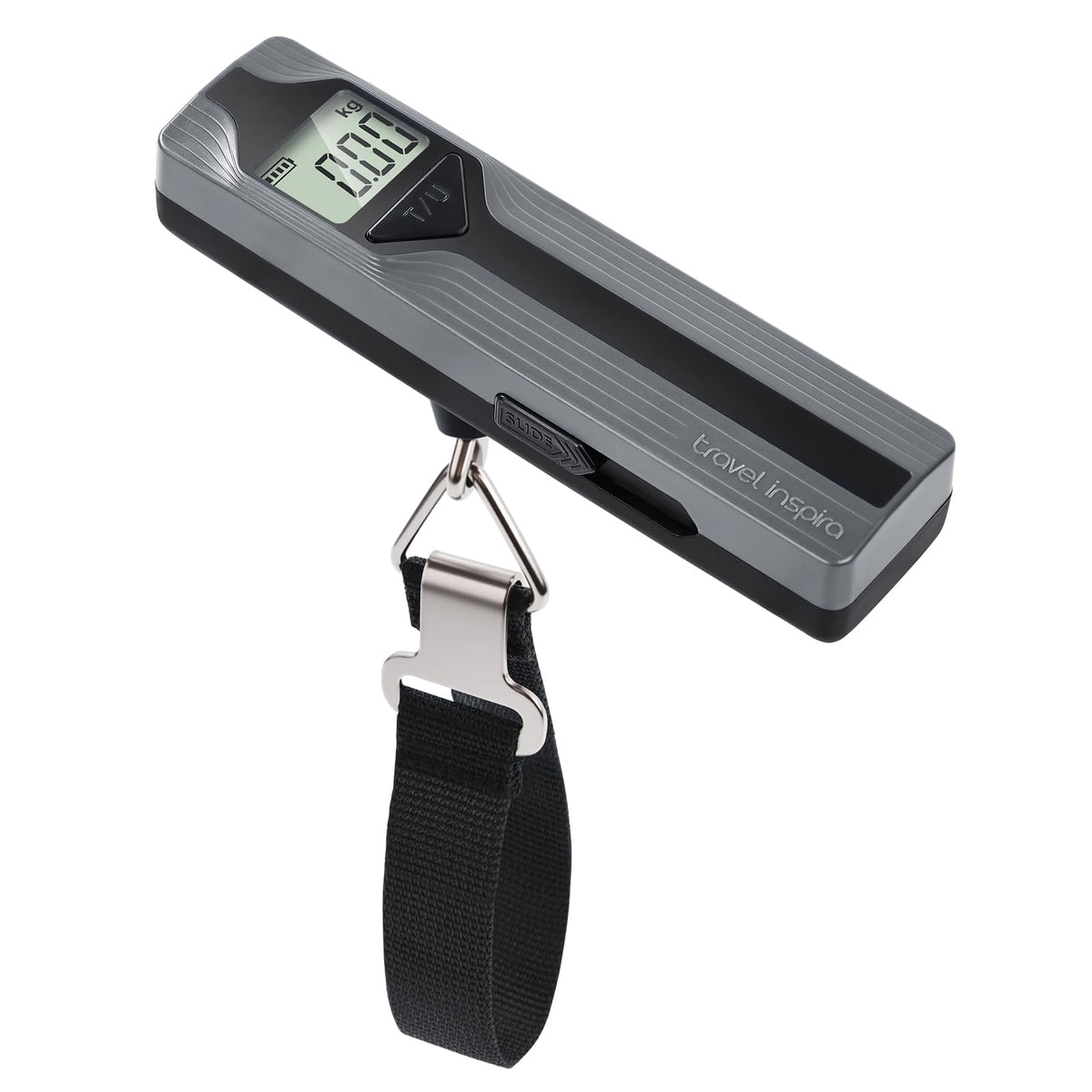 travel inspira Battery-Free Luggage Scale 110lb/50kg Digital Portable | Battery-free luggage scale, pump to power, 110lb/50kg, ±50g, lb/kg switch, tare, overload alert, travel essential