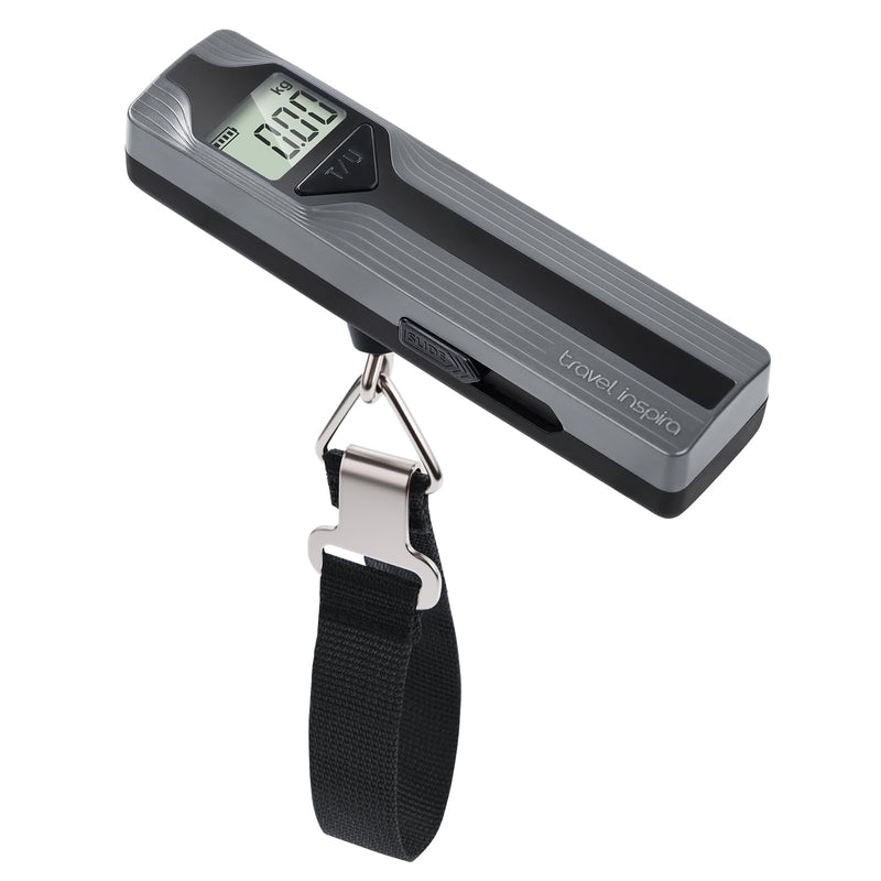 travel inspira Battery-Free Luggage Scale 110lb/50kg Digital Portable | Battery-free luggage scale, pump to power, 110lb/50kg, ±50g, lb/kg switch, tare, overload alert, travel essential