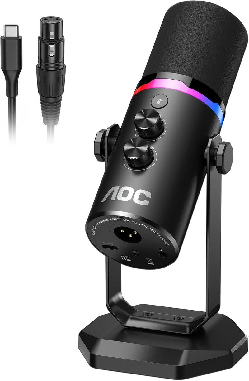 AOC USB/XLR Dynamic Microphone for Podcast Recording, PC Gaming Streaming Mic with RGB Light, Vocal Mic for Singing, Mute Button, Headphone Jack, Desktop Stand (Includes XLR Cable)