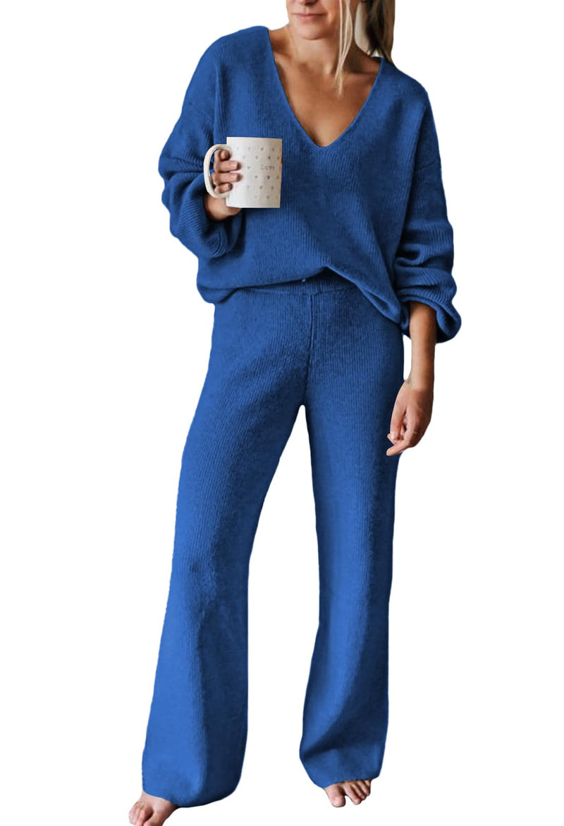 Viottiset Women's 2 Piece Outfits Casual V Neck Knit Wide Leg Sweater Lounge Set Sweatsuit-73