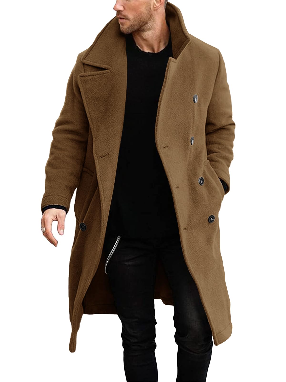 Makkrom Mens Double Breasted Trench Coat Casual Lapel Collar Business Winter Long Overcoats