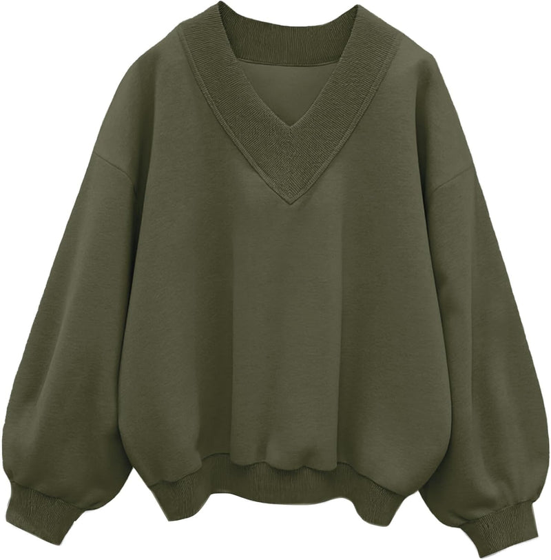Hilinker Womens V Neck Oversized Sweatshirts Casual Drop Shoulder Long Sleeve Pullover Tops-80