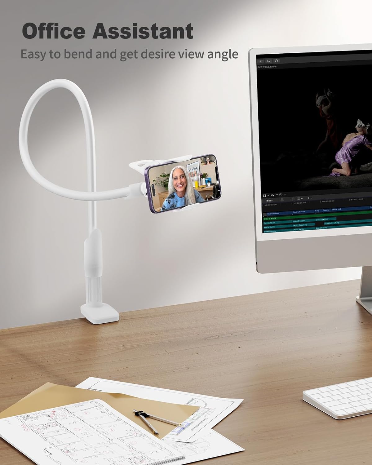 SAIJI Gooseneck Cell Phone Holder, Clamp Universal Lazy Mount Clip Hands Free Flexible Long Arm Bracket Grip for 4-7 Phones Mobile Stand Baby Monitor for Desk, Bed, Office, Kitchen (White)