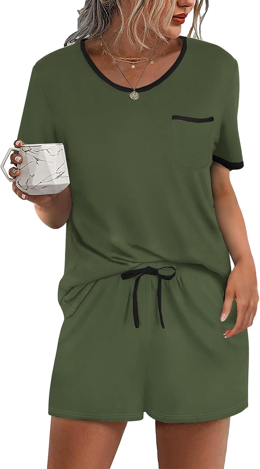 Ekouaer Pajama Set for Women 2 Piece Lounge Set Short Sleeve Tops and Shorts Soft Sleepwear, Chest Pocket-10