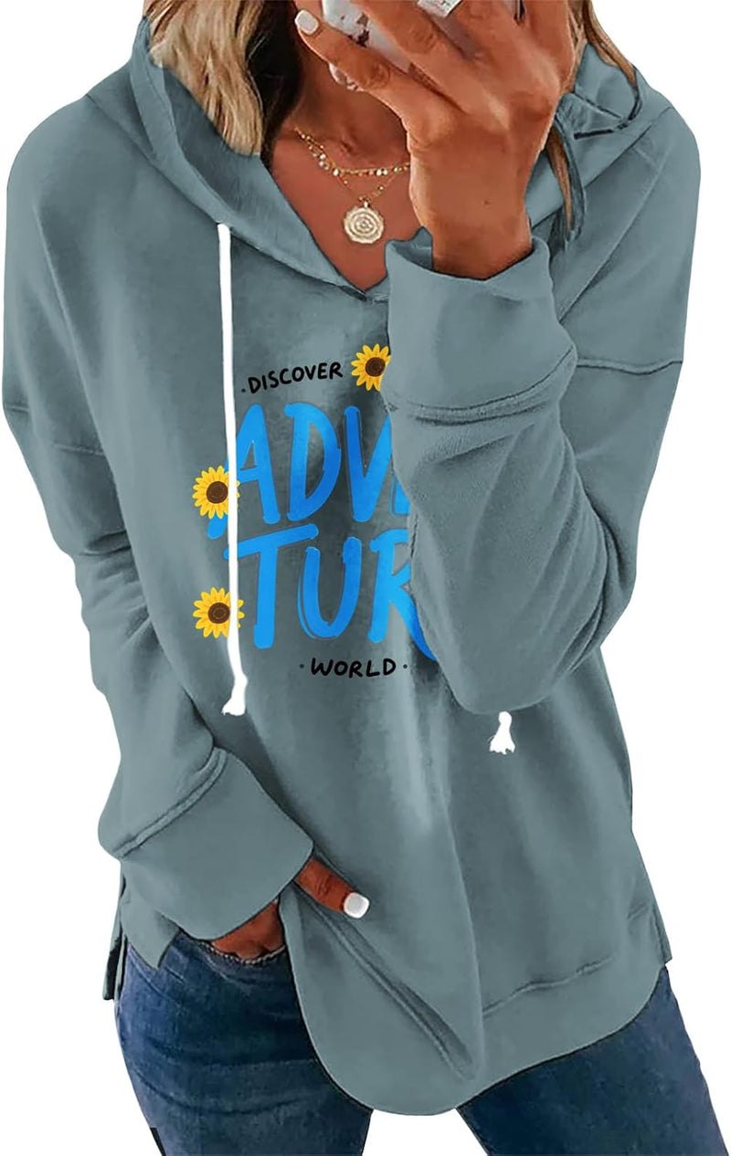 Womens Casual Loose Fit Pullover Sweatshirt with Artistic Print Drawstring Hood Long Sleeve Cotton Blend for Fall-66