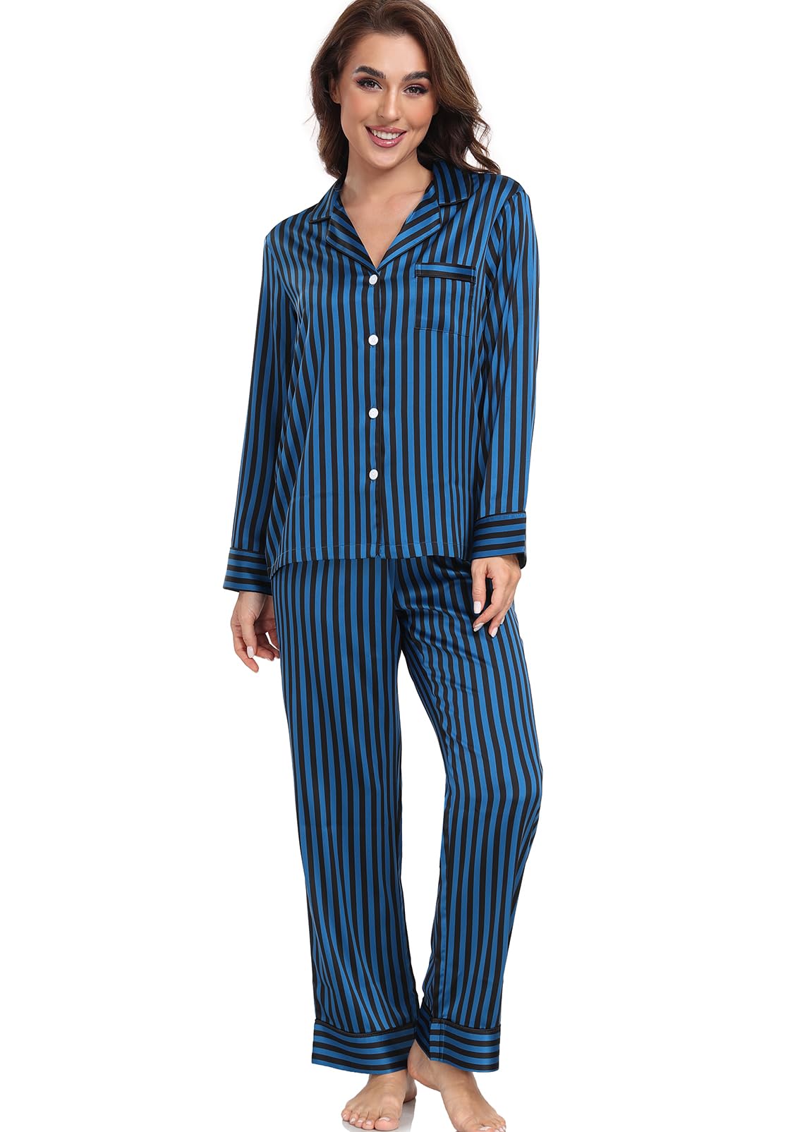 Women's Satin Pajama Set Long Sleeve Button Down Sleepwear 2-Piece Silky Pj Set-89