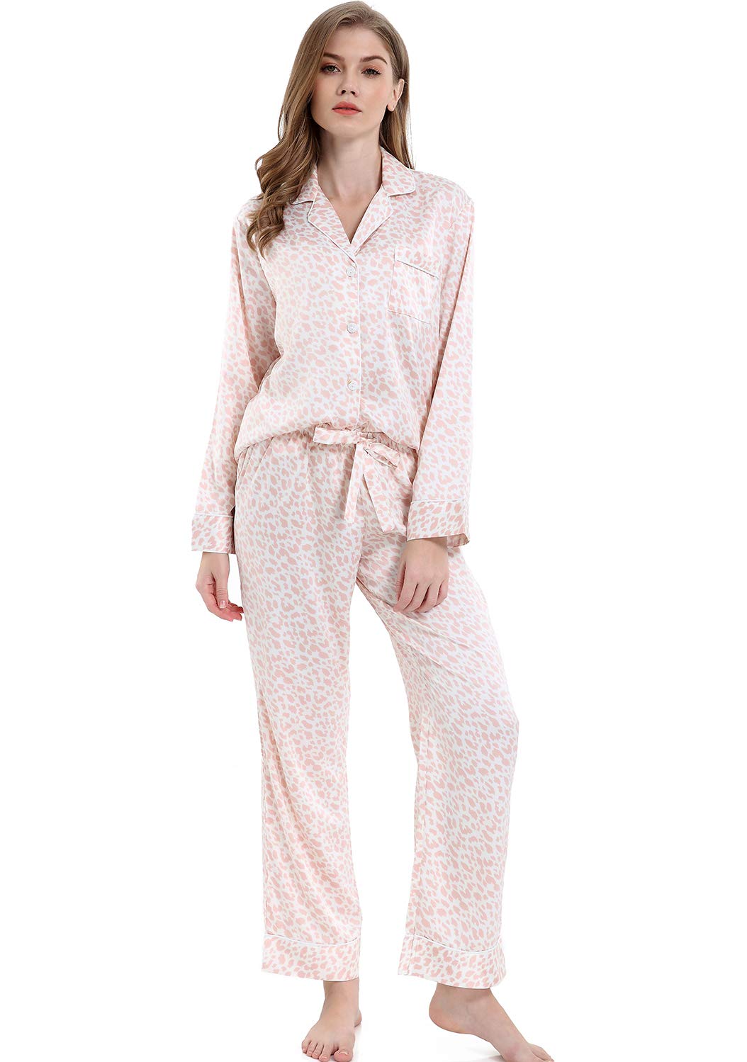 Women's Satin Pajama Set Long Sleeve Button Down Sleepwear 2-Piece Silky Pj Set-15