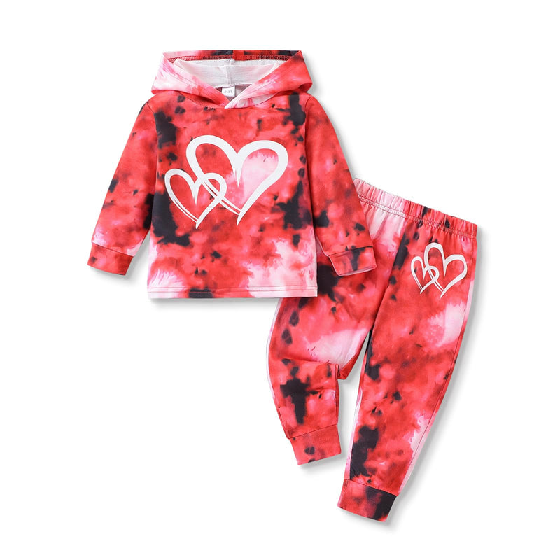 Toddler Baby Girls Clothes Long-sleeve Tie Dye Hoodie Pullover and Sweatpants Heart Print Hooded Outfits Set