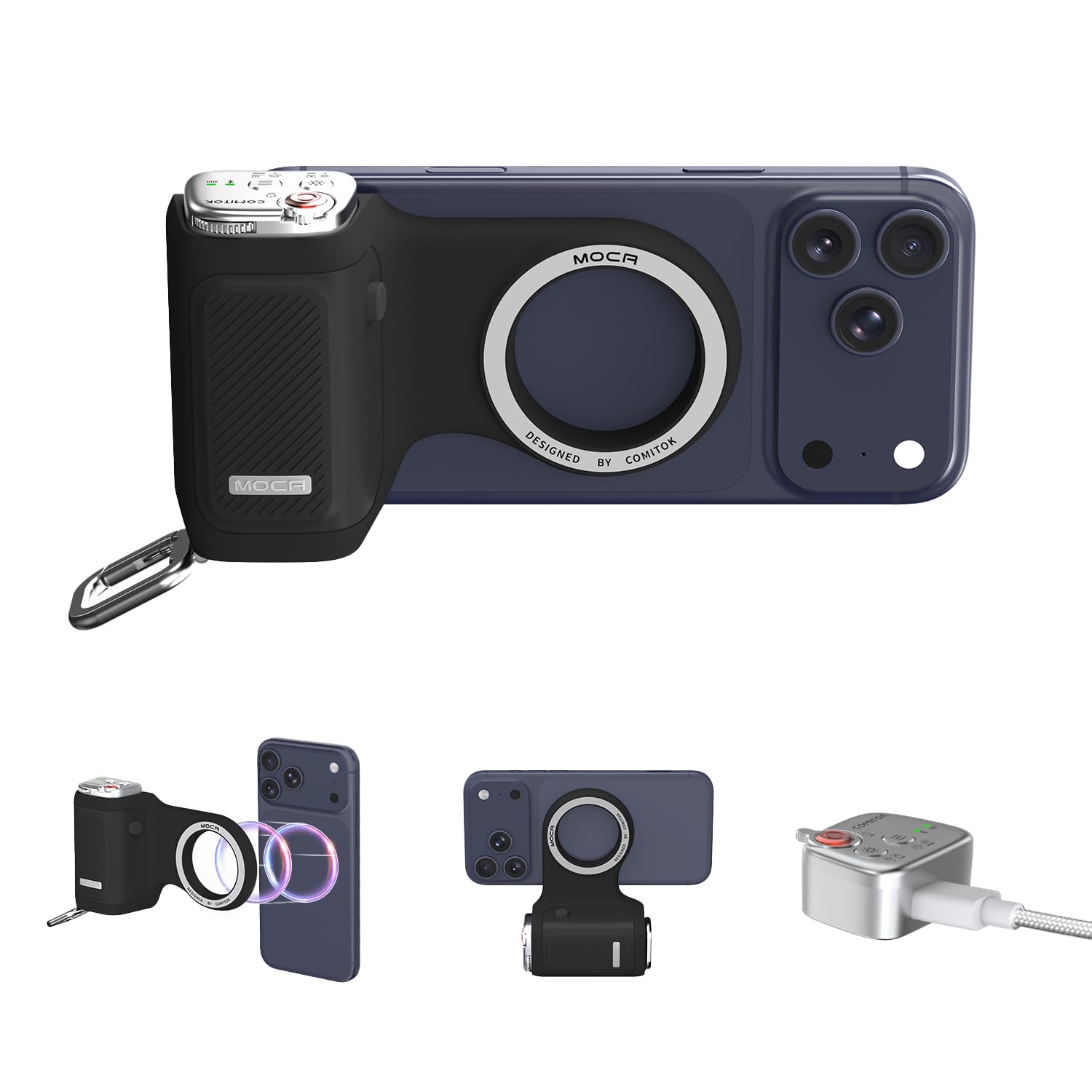 COMITOK MOCA - iPhone Camera Grip - for Native Camera Control with Removable Remote & Built-in Keychain, Magnetic Phone Camera Grip No Need App Support iOS26/17/18, Fun Shot Magnetic Grip with 1/4 Nut