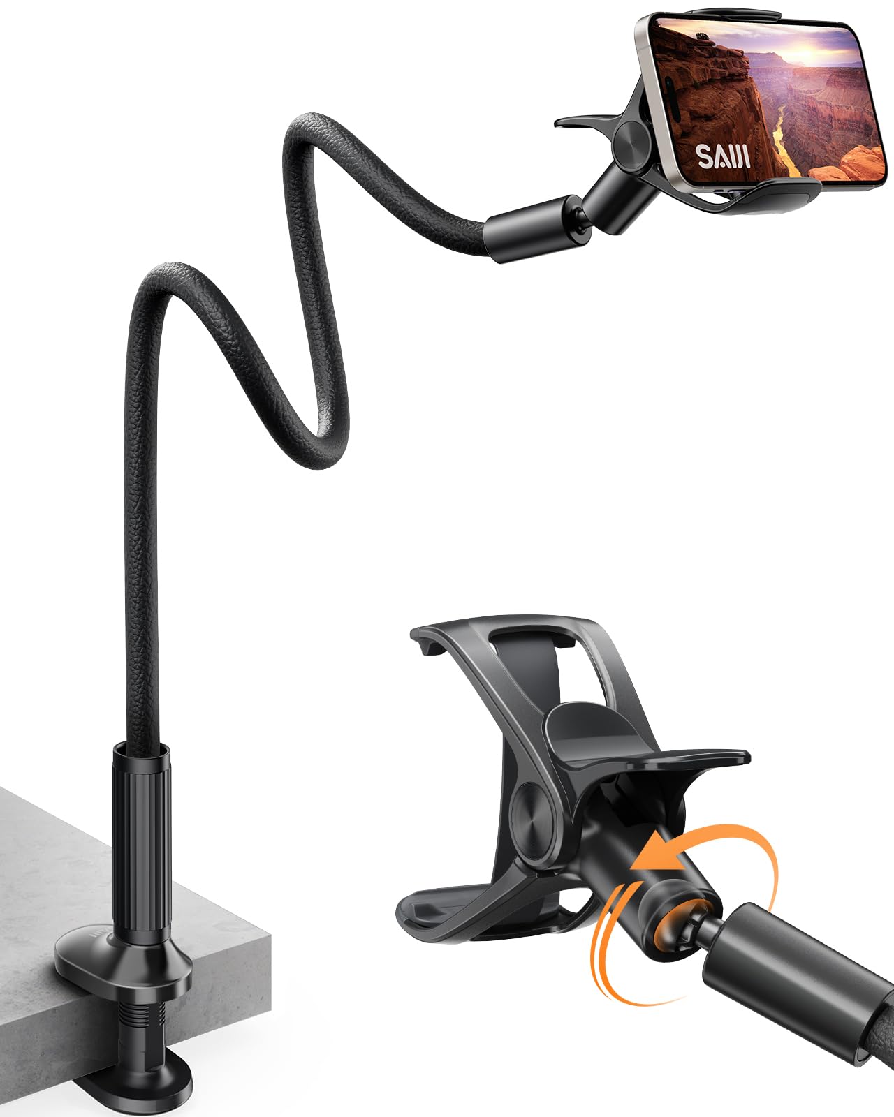 SAIJI Gooseneck Cell Phone Holder, Clamp Universal Lazy Mount Clip Hands Free Flexible Long Arm Bracket Grip for 4-7 Phones Mobile Stand Baby Monitor for Desk, Bed, Office, Kitchen (White)