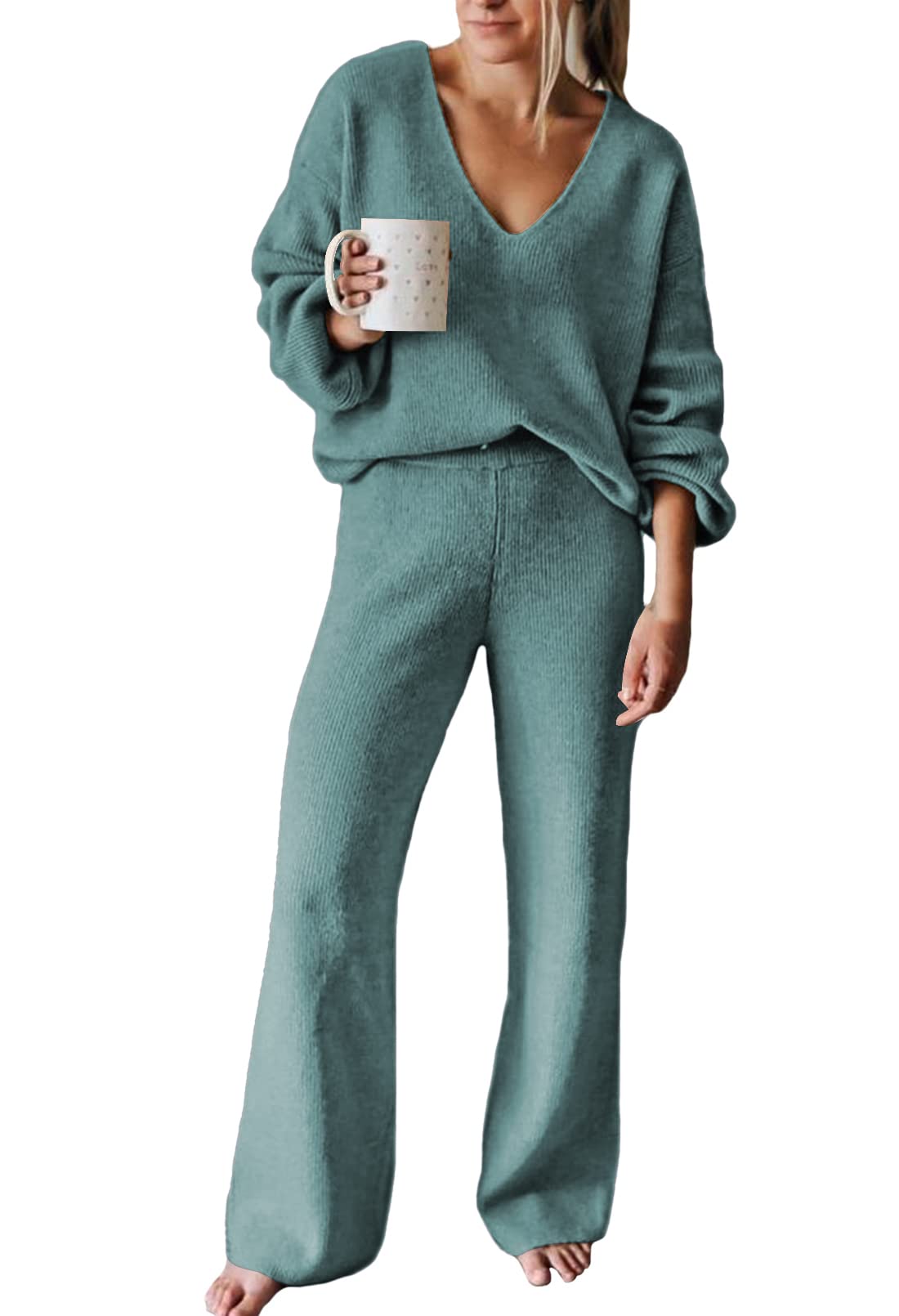 Viottiset Women's 2 Piece Outfits Casual V Neck Knit Wide Leg Sweater Lounge Set Sweatsuit-7