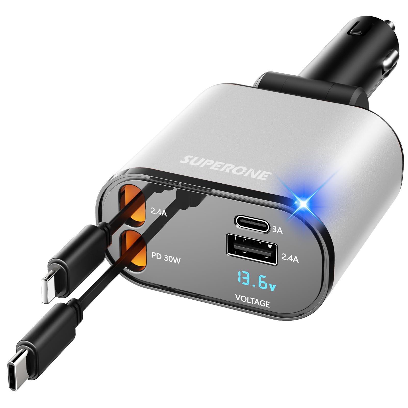 [Upgraded] SUPERONE Retractable Car Charger 4 in 1, Fast Car Phone Charger with Cord 2.6ft, USB C and Apple Car Adapter, Compatible with iPhone 17 16 15/15 Pro Max/14/13/12/11, Galaxy, Pixel