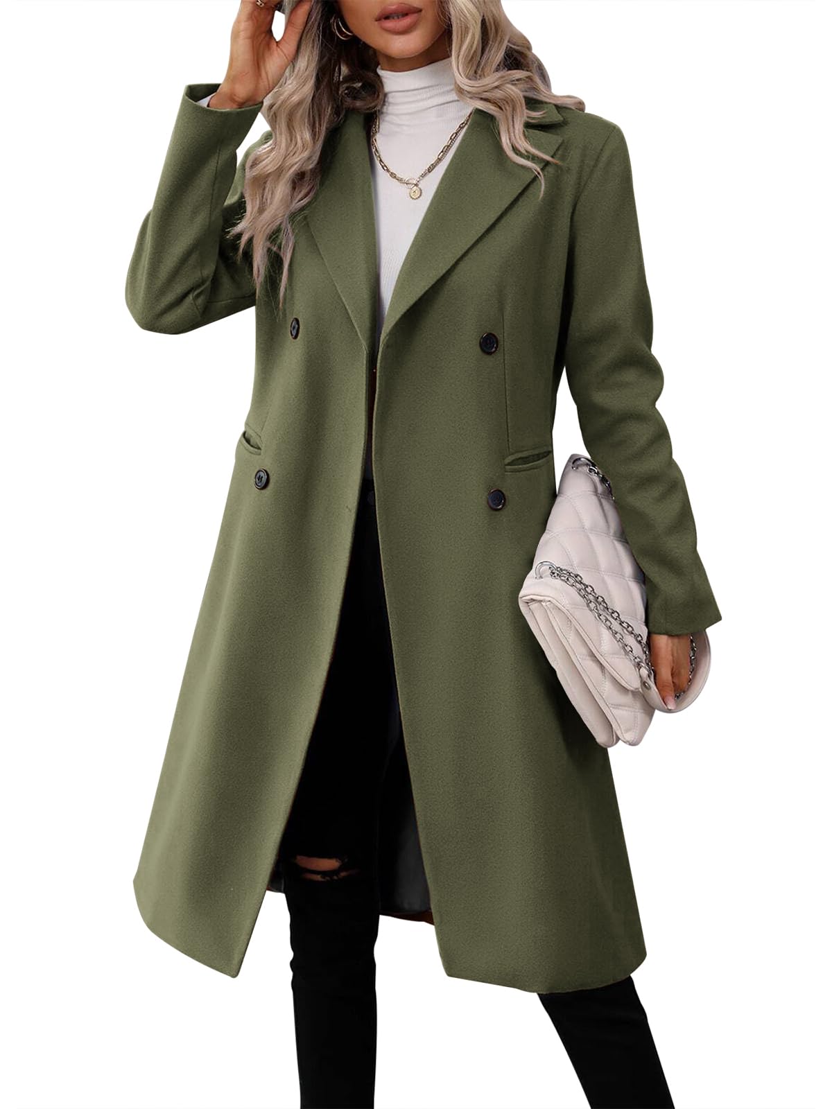 Danedvi Womens Long Double Breasted Coats Lapel Collar Pea Coat Winter Slim Fit Jackets Trench Coat Outwear-33