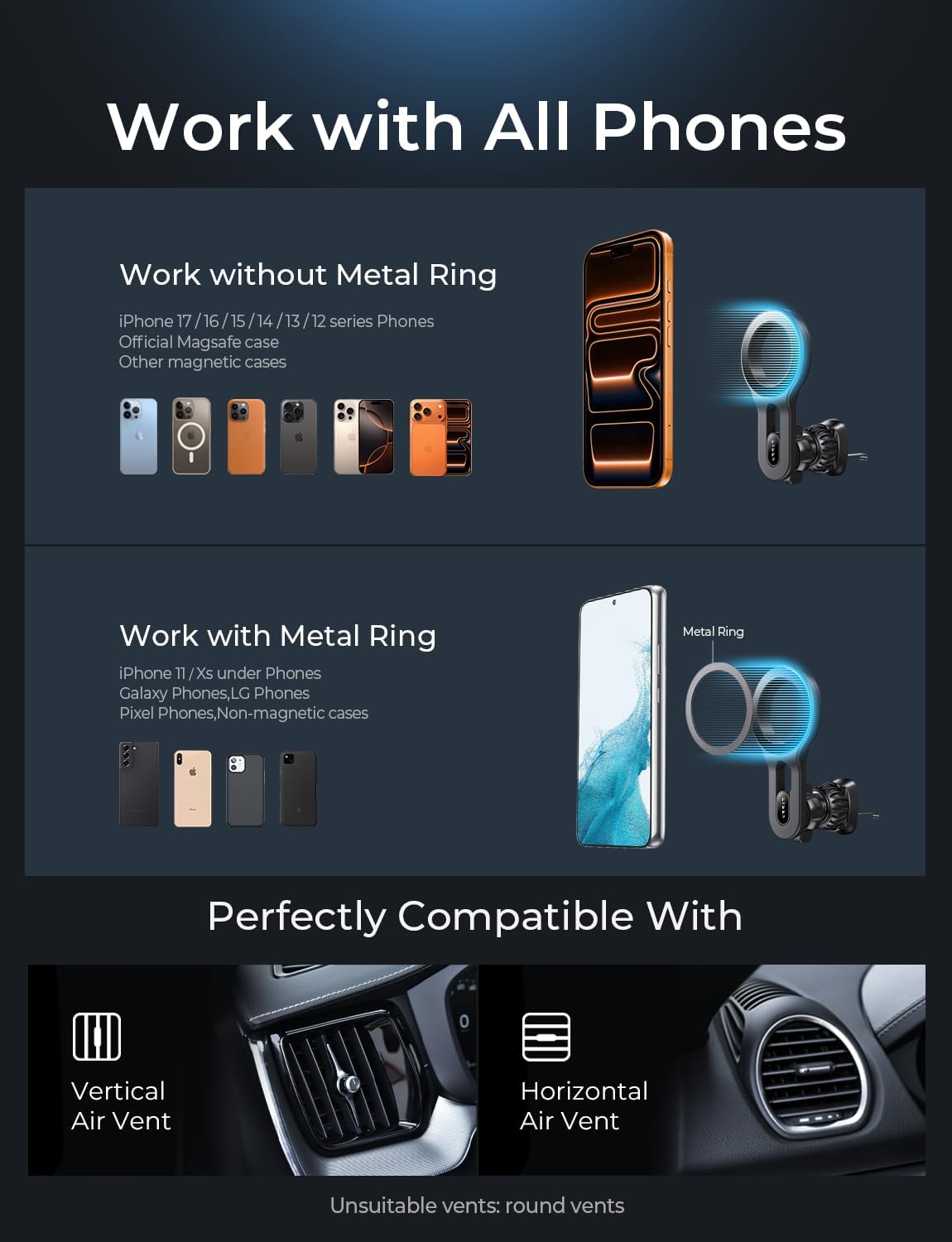 LISEN for MagSafe Car Mount, 2026 Magnetic Phone Holders for Your Car Air Vent Phone Mount, Hands Free Cell Car Phone Holder Accessories for Men Women fit iPhone 17 17e 16 15 14 13 12 Pro Max Kids