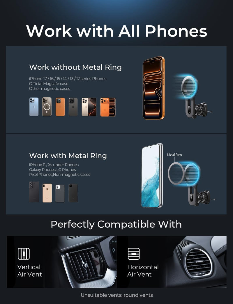 LISEN for MagSafe Car Mount, 2026 Magnetic Phone Holders for Your Car Air Vent Phone Mount, Hands Free Cell Car Phone Holder Accessories for Men Women fit iPhone 17 17e 16 15 14 13 12 Pro Max Kids