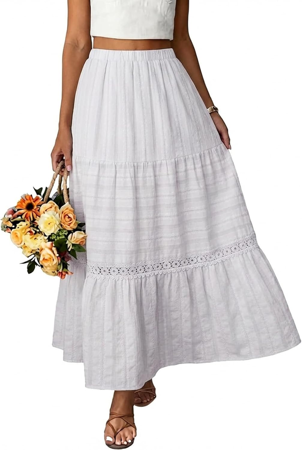 BLENCOT Long Skirts for Women Boho Crochet Lace High Waisted A-Line Cotton Tiered Maxi Skirt
