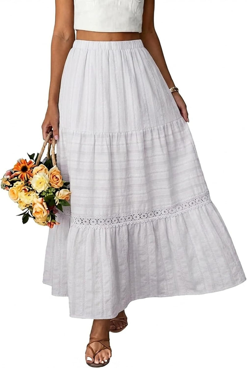 BLENCOT Long Skirts for Women Boho Crochet Lace High Waisted A-Line Cotton Tiered Maxi Skirt