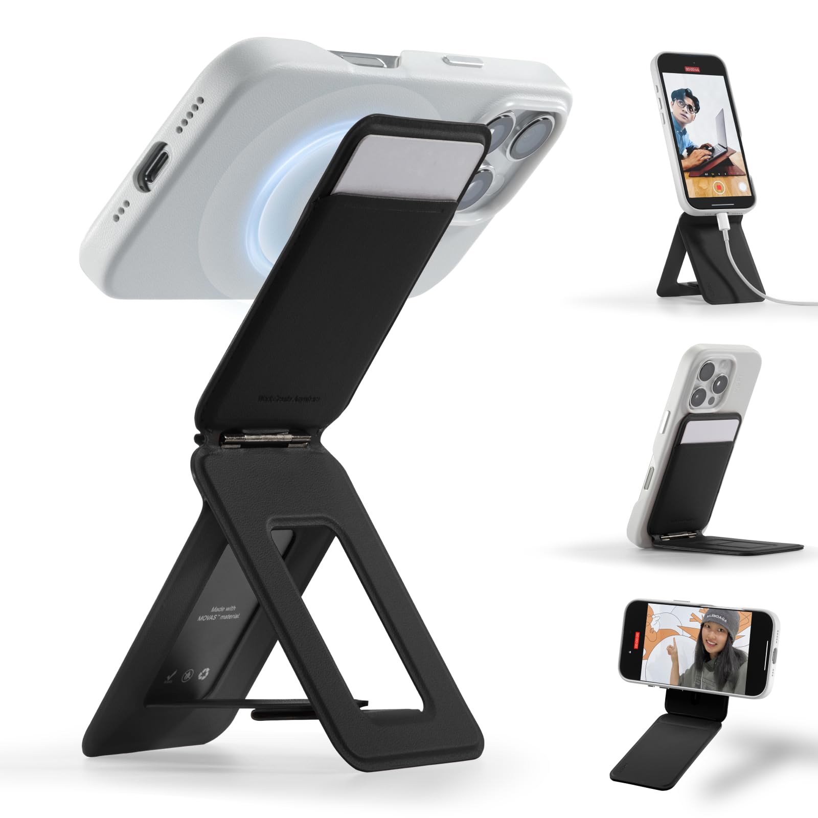 MOFT Phone Tripod Stand Selfie Stick for iPhone, Multi-Angles iPhone Stand, Lightweight & Portable Phone Holder, Strong Magnets, MOVAS Vegan Leather, Travel Essentials, Seafoam (Without Card Slot)