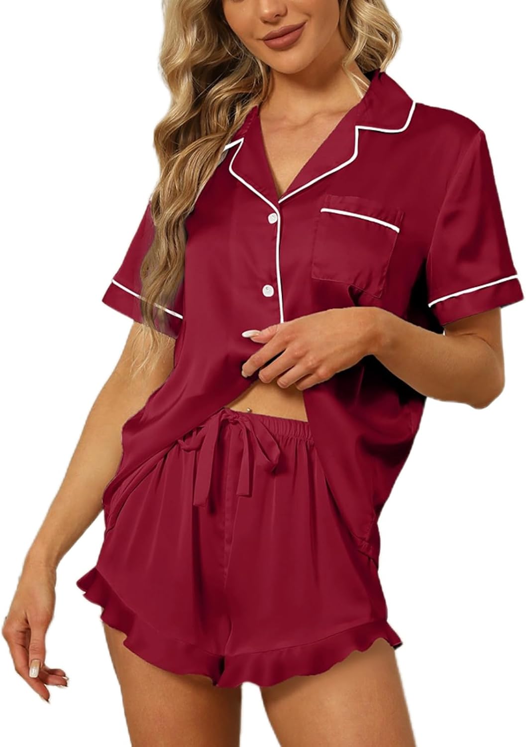 SAPJON Satin Silk Pajamas for Women 2Pcs Ruffle Notch Collar Sleepwear Button Down Short Sleeve Shorts Pjs Set Loungewear-8