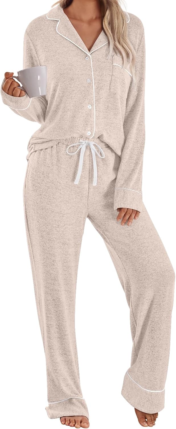 LILLUSORY Women's Long Sleeve Pajama Set - Soft Button-Down Top & Comfortable Drawstring Pants with Pockets-34