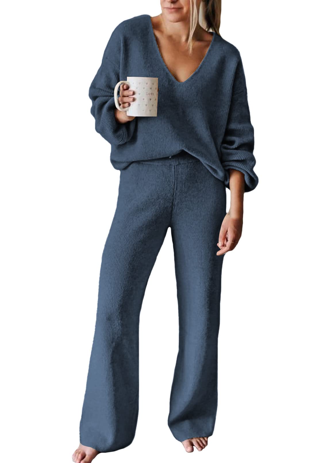 Viottiset Women's 2 Piece Outfits Casual V Neck Knit Wide Leg Sweater Lounge Set Sweatsuit-74