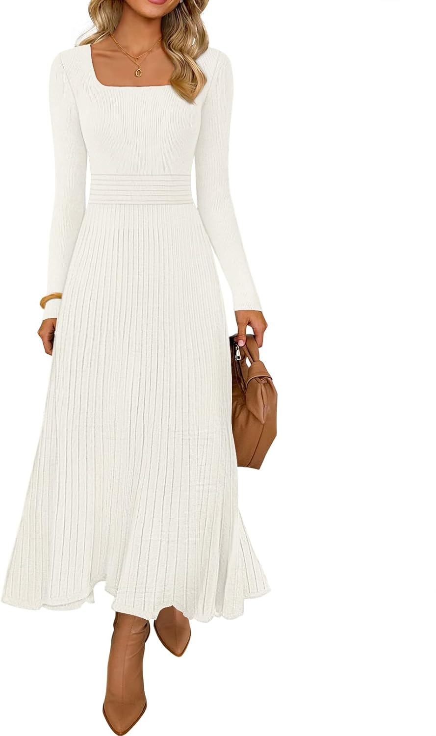 MEROKEETY Women's Sweater Dress 2025 Fall Winter Casual Long Sleeve Square Neck Pleated Church Work Knit Midi Dresses-4