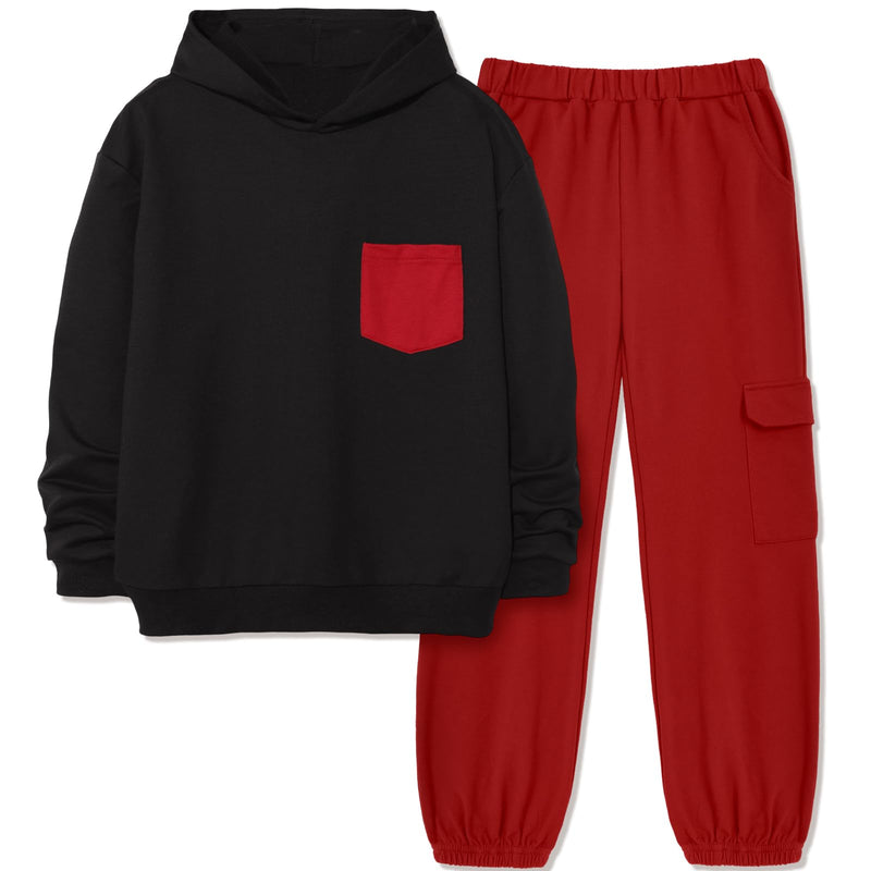 Hipea Boys Clothes Long Sleeve Hooded with Chest Pocket Cargo Pants with Side Pockets 2PCS Sets