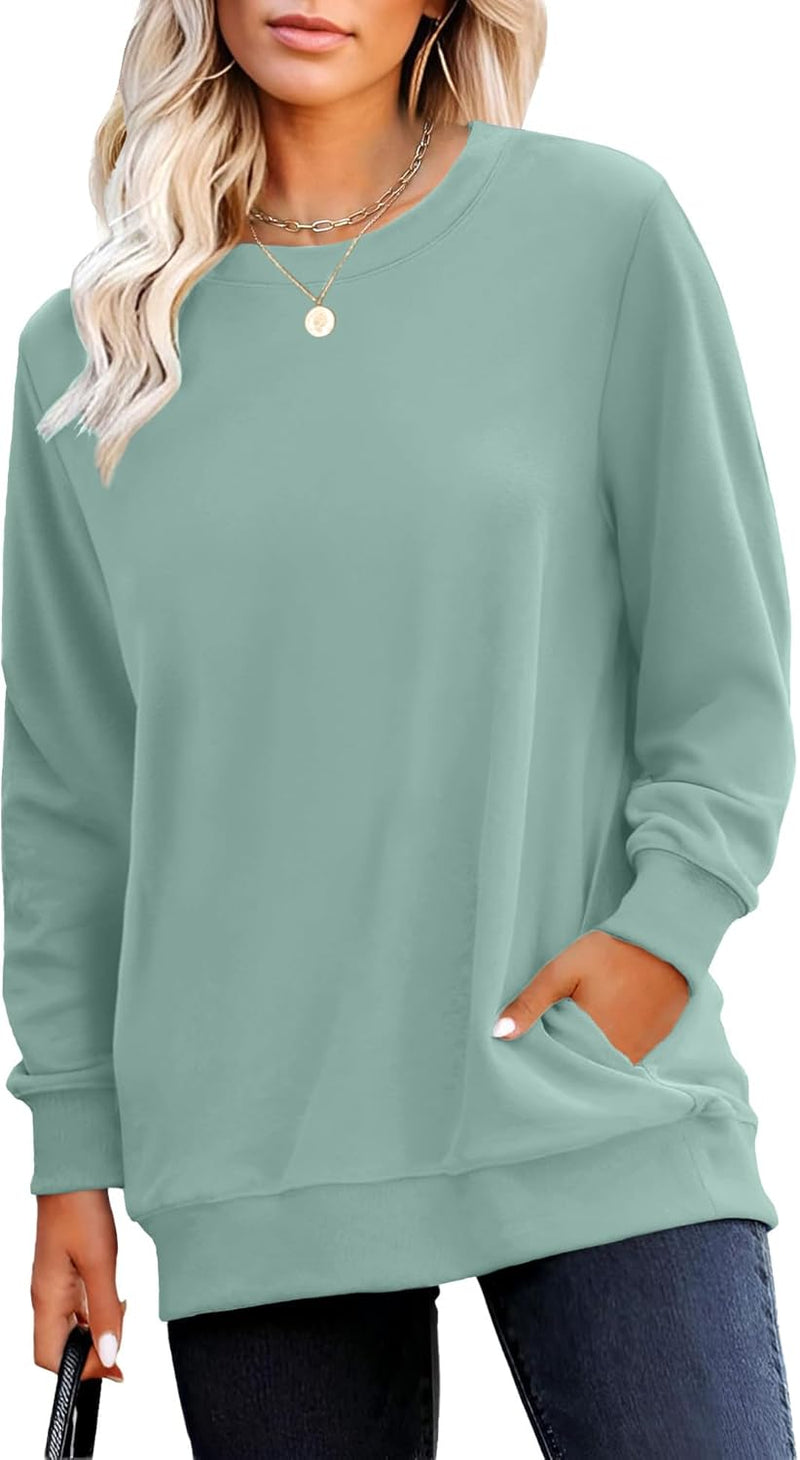 RUMIA Crewneck Fall Sweatshirts for Women Trendy- Women's Plain Long Sleeve Pullover Tops with Pockets Fashion-68
