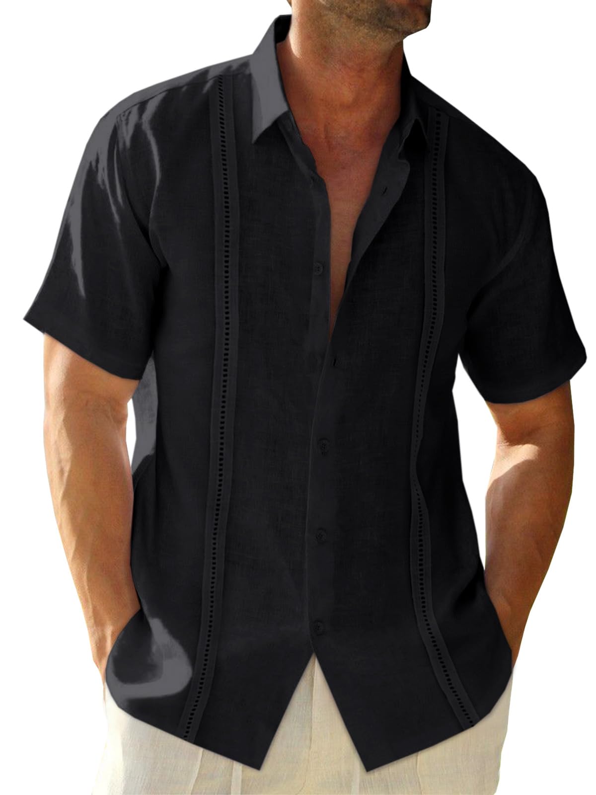 Runcati Mens Linen Cuban Guayabera Shirts Button Down Short Sleeve Shirt Cotton Hippie Summer Beach Vacation Shirts