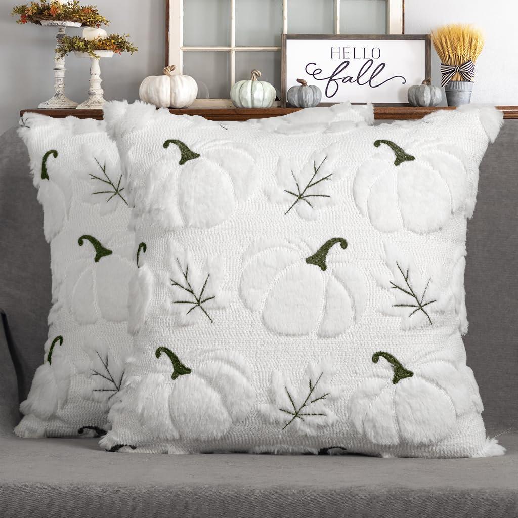 4TH Emotion Fall Pumpkins Leaves Decorative Pillow Covers 18"x18" Set of 2, Beige Soft Plush Faux Fur Throw Cushion Cases for Autumn Thanksgiving Holiday Home Decorations