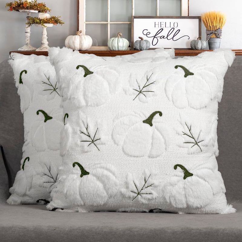 4TH Emotion Fall Pumpkins Leaves Decorative Pillow Covers 18"x18" Set of 2, Beige Soft Plush Faux Fur Throw Cushion Cases for Autumn Thanksgiving Holiday Home Decorations