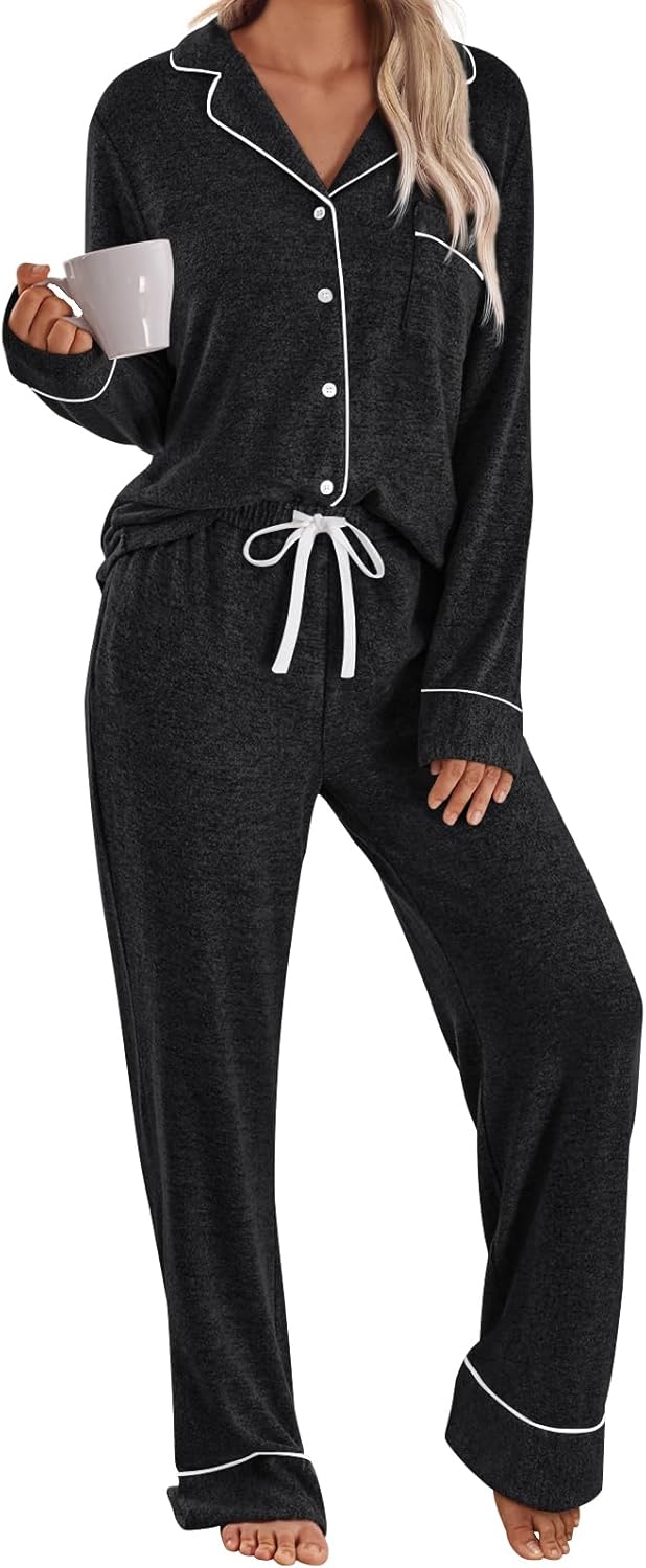 LILLUSORY Women's Long Sleeve Pajama Set - Soft Button-Down Top & Comfortable Drawstring Pants with Pockets-18
