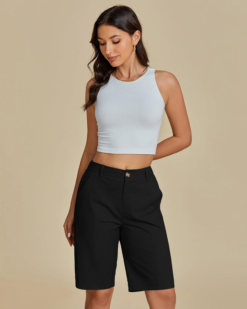 luvamia Bermuda Shorts for Women Knee Length High Waisted Cotton Elastic Waist Summer Dressy Casual Long Chino Shorts