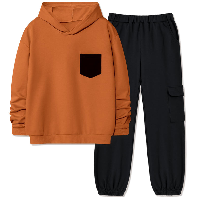 Hipea Boys Clothes Long Sleeve Hooded with Chest Pocket Cargo Pants with Side Pockets 2PCS Sets