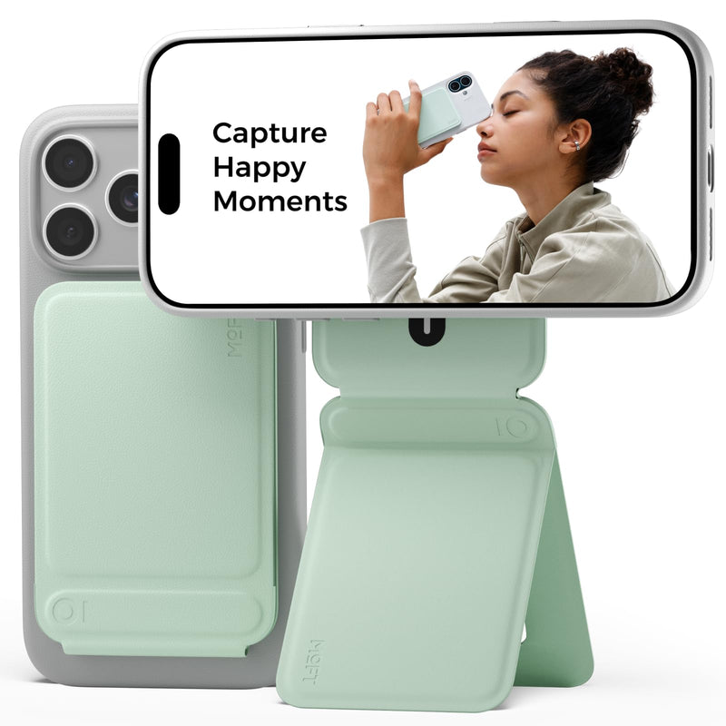 MOFT Phone Tripod Stand Selfie Stick for iPhone, Multi-Angles iPhone Stand, Lightweight & Portable Phone Holder, Strong Magnets, MOVAS Vegan Leather, Travel Essentials, Seafoam (Without Card Slot)