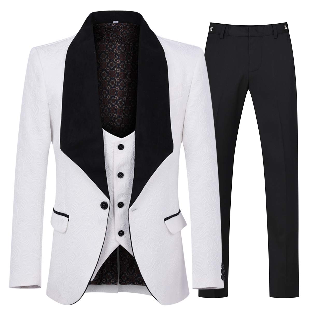 YFFUSHI Men's 3 Piece Suit Slim Fit Jacquard Tuxedo 1 Button Shawl Collar Blazer Vest & Pants for Wedding Formal Prom-25