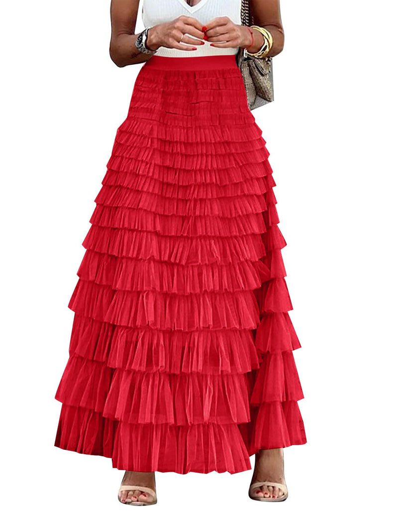 Flygo Women's Long Maxi Tulle Skirts A Line Ruffle High Waisted Tiered Layered Mesh Tutu Skirt Petticoat