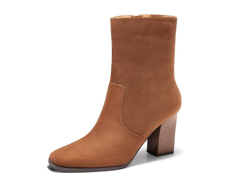 Coutgo Womens Chunky Block Heel Ankle Boots Square Toe Side Zipper Booties Faux Suede Fall Dress Shoes-9