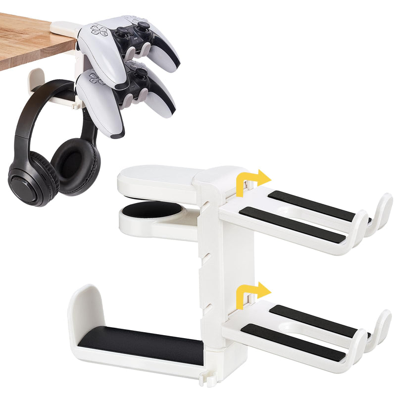 3 in 1 Under Desk Headphone Hanger with Adjustable Clamp Mount, 2 Controller Slots & 1 Headset Universal Holder Stand, Rotatable Hook Rack & Cable Organizer, for Home Gaming Xbox ps5 - Black