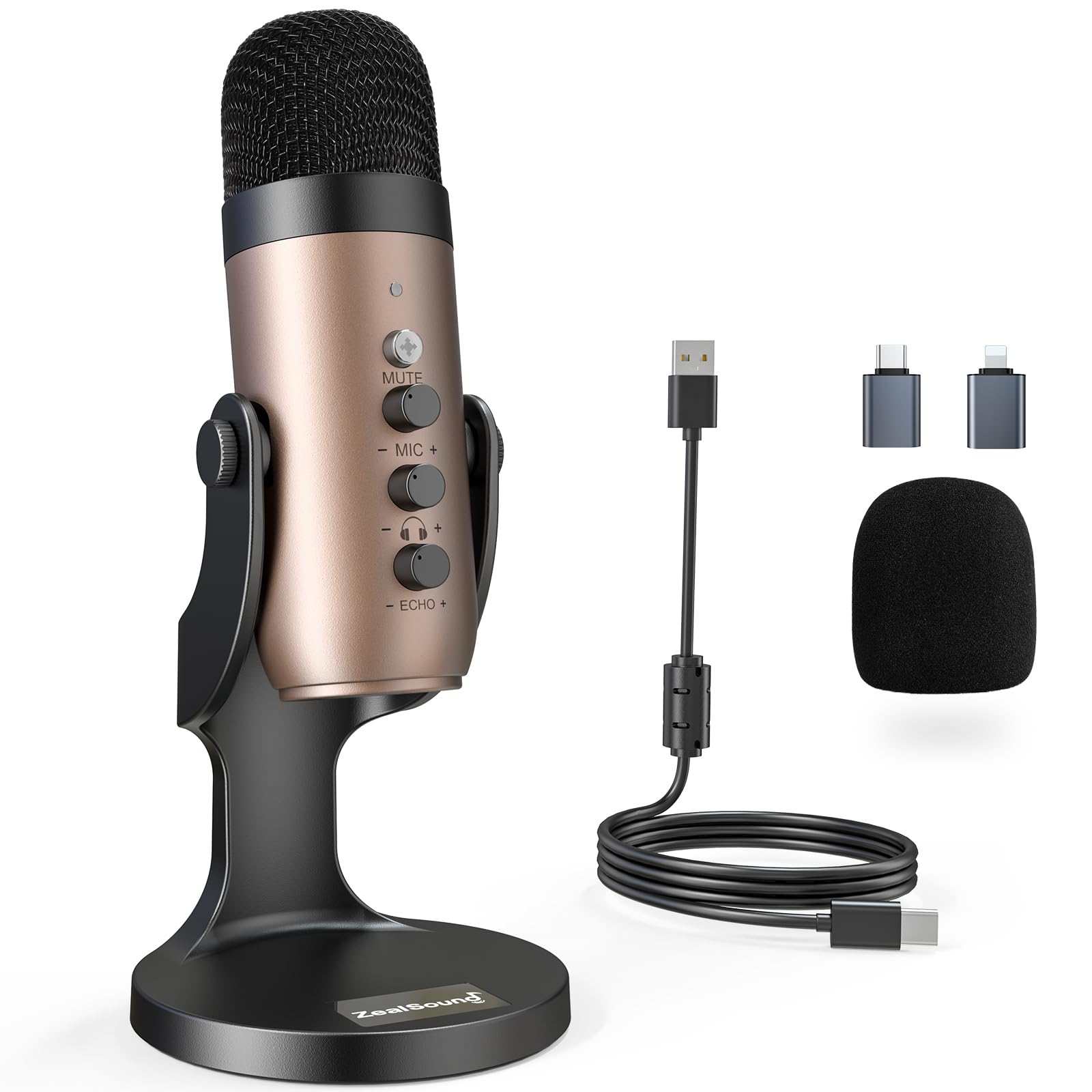 ZealSound Podcast Microphone for PC, Noise Cancellation USB Mic with Gain, Volume Adjustment & Mute Button, Monitoring & Echo, for YouTube, TikTok, Podcasting, Streaming, iPhone, iPad, Android, Mac