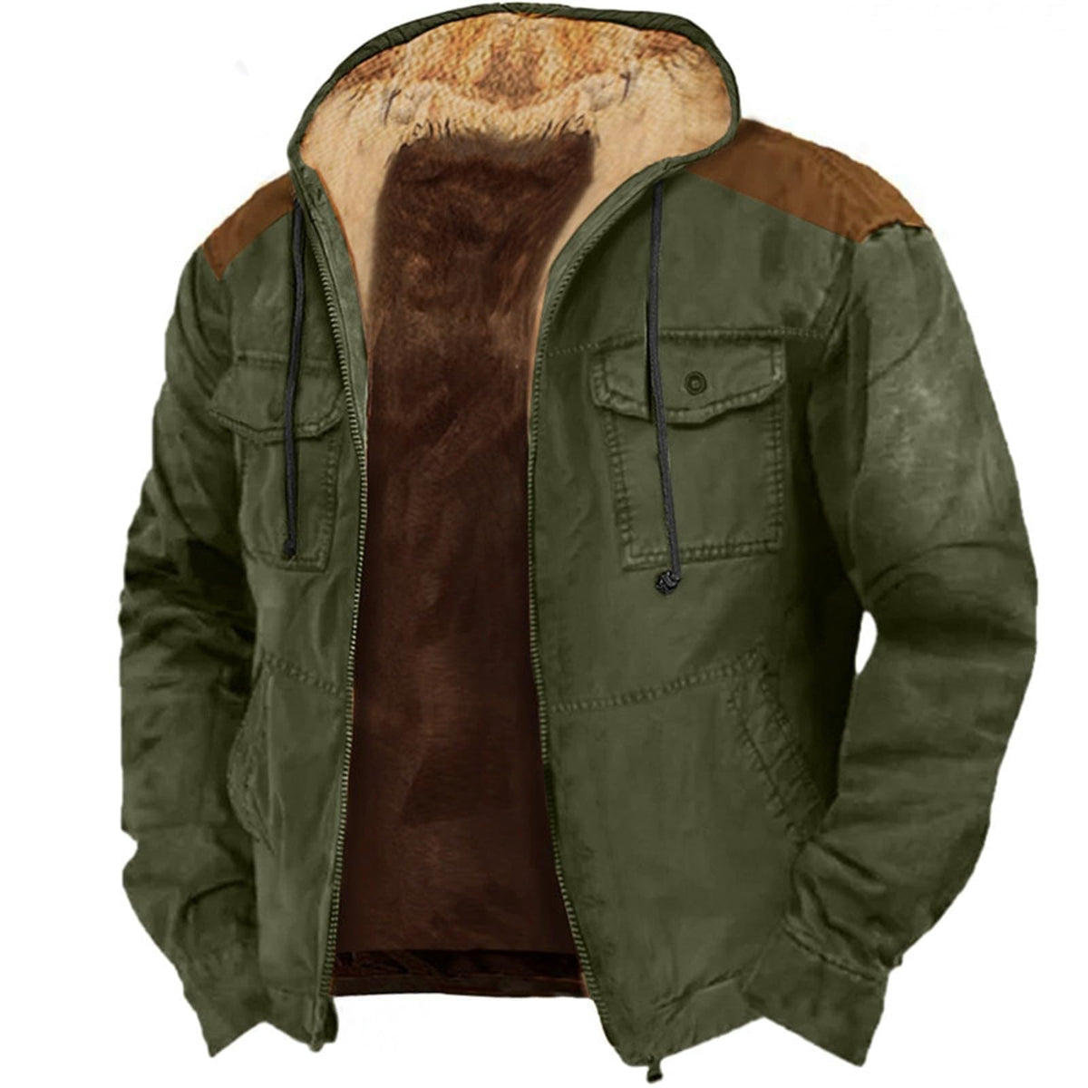 Mens Military Jackets Heavyweight Winter Hoodie Jacket Warm Fleece Sherpa Lined Coats Drawstring Zipper Hooded Outwear