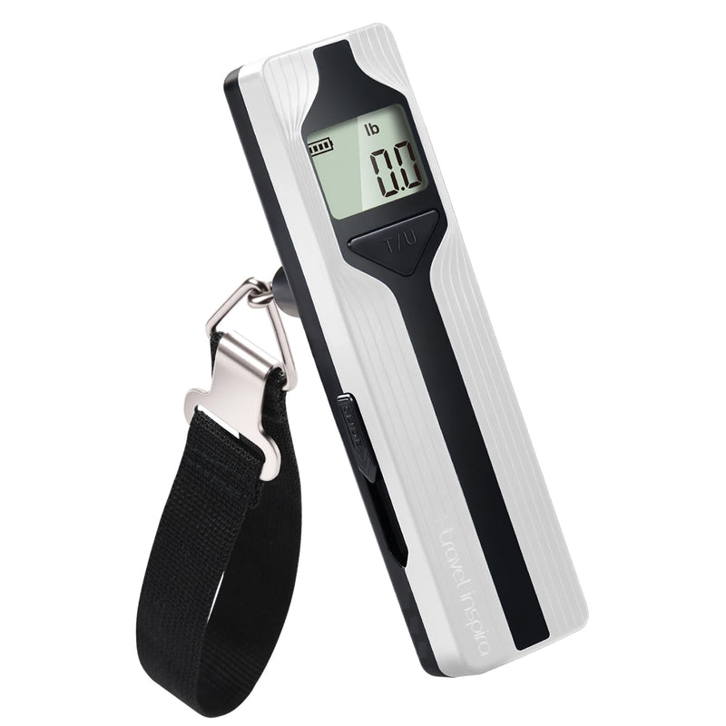 travel inspira Battery-Free Luggage Scale 110lb/50kg Digital Portable | Battery-free luggage scale, pump to power, 110lb/50kg, ±50g, lb/kg switch, tare, overload alert, travel essential
